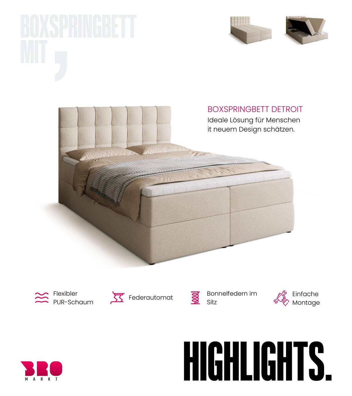 BOXBETT Detroit mit Topper 140/200 Ecru - Ecru, Holzwerkstoff/Textil (140/200cm) - Bromarkt