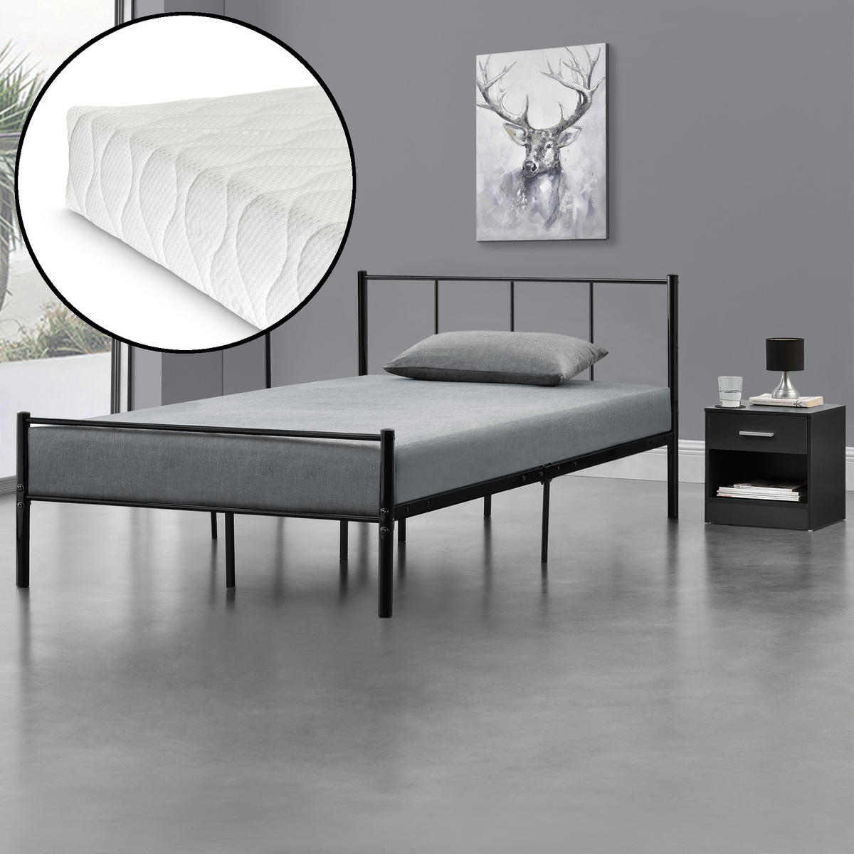 METALLBETT Laos mit Matratze - Schwarz, Textil/Metall (120/200cm) - [en.casa]