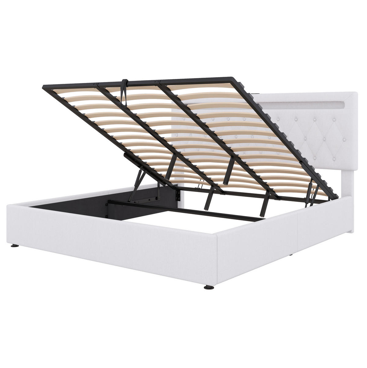 BETT mit Stauraum 180x200 cm Leinen Weiß mit LED und USB - Weiß, Metall (180/200cm) - Meubliv