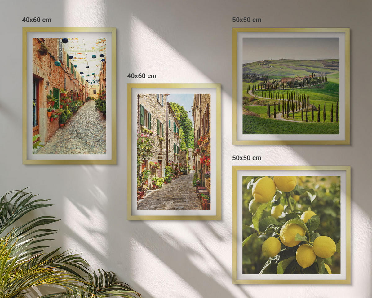 WANDBILDER 4er Set - 50x50 cm & 40x60 cm Goldrahmen - Bezaubernde Straßen voller Zitronenblüten - Goldfarben, Kunststoff (50/50cm) - ArtPrintCave