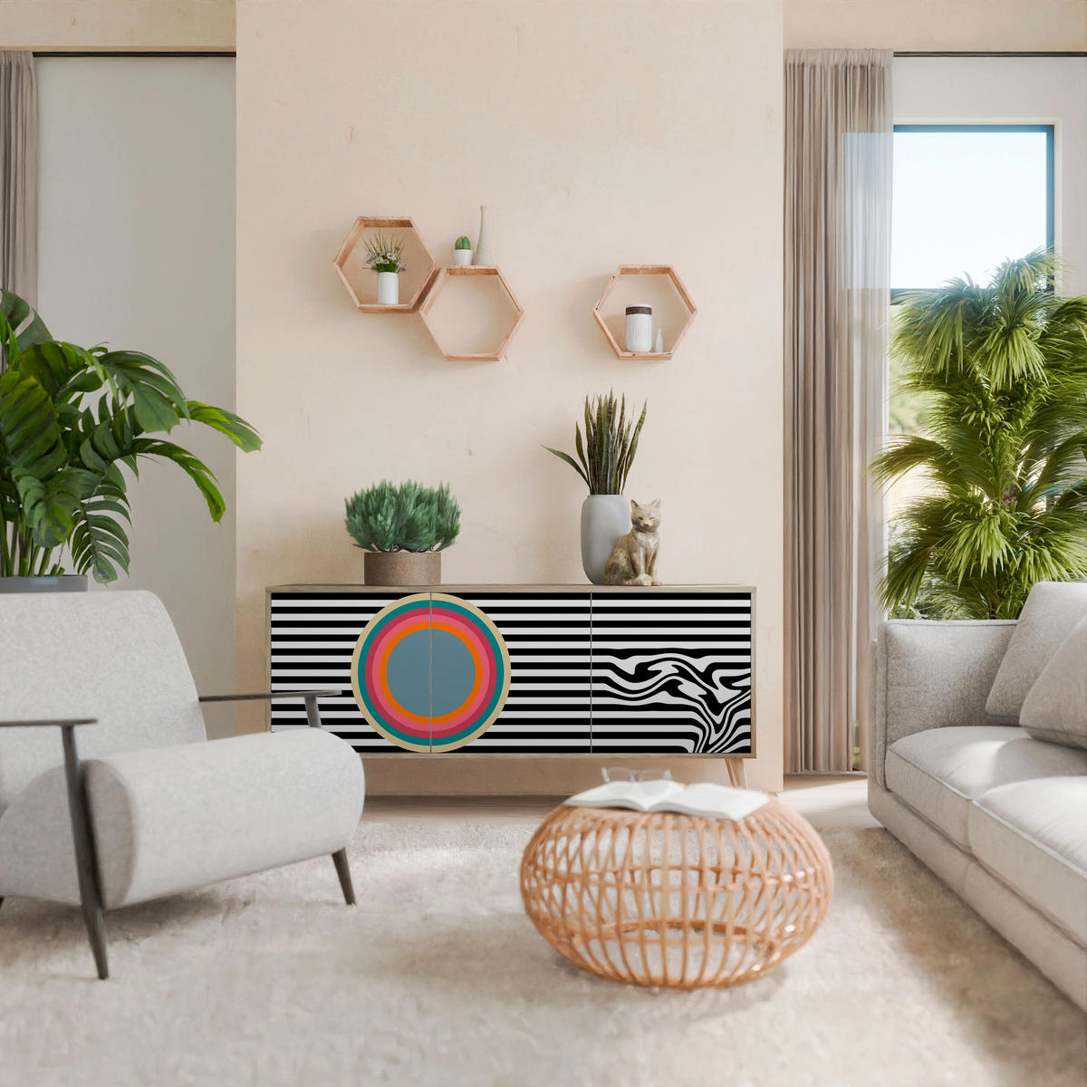 SIDEBOARD SPECTRA SHOWCASE, Graue Oberfläche, 164,5x42x75,5 cm, 3 Türen - Goldfarben/Grau, Holzwerkstoff/Metall (164.5/75.5/42cm) - SpaceRebels
