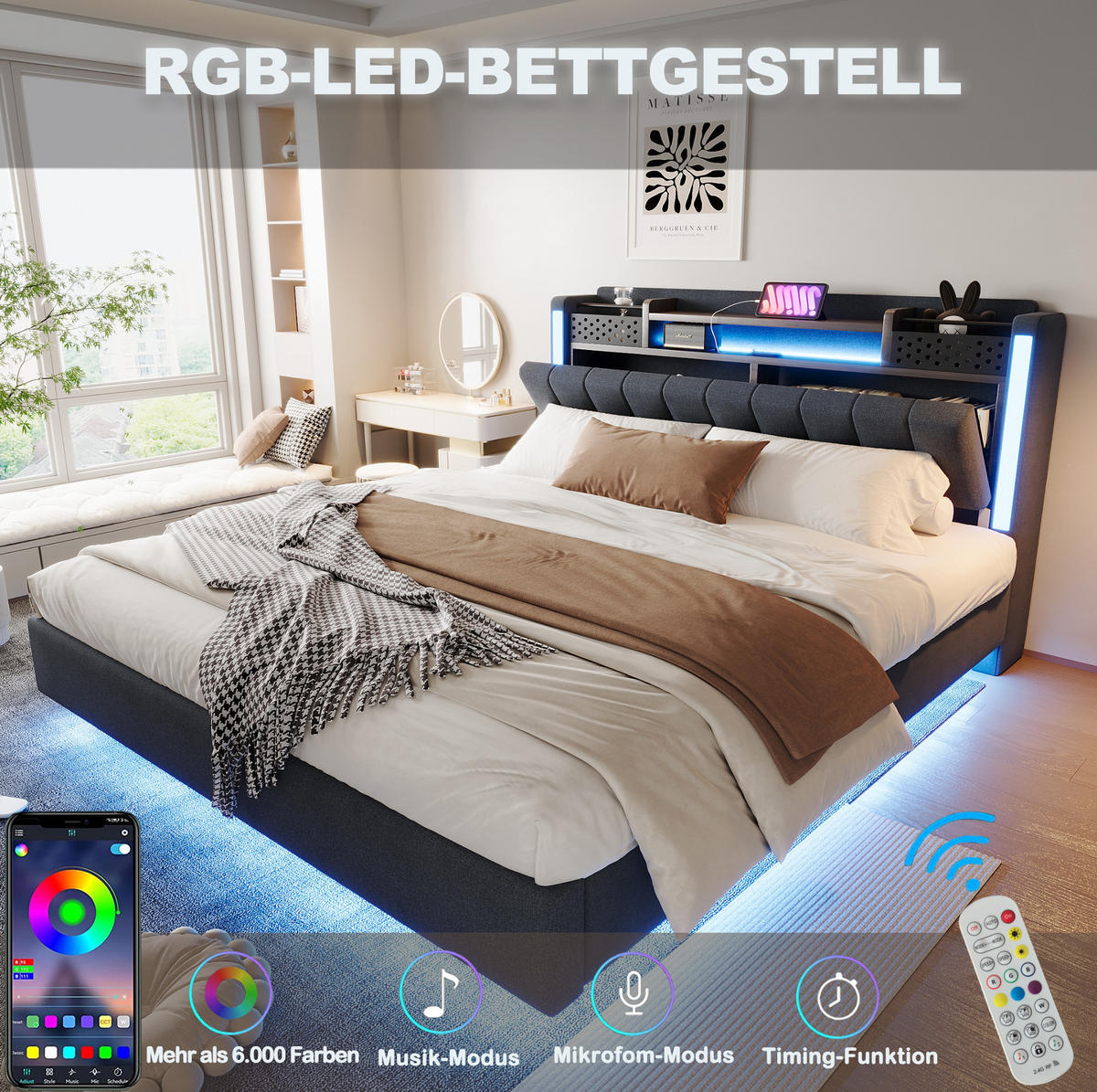 POLSTERBETT 160/200 cm Grau aus Leinenstoff mit LED und USB-Ladeanschluss - Grau, Textil (160/200cm) - OKMYHOME