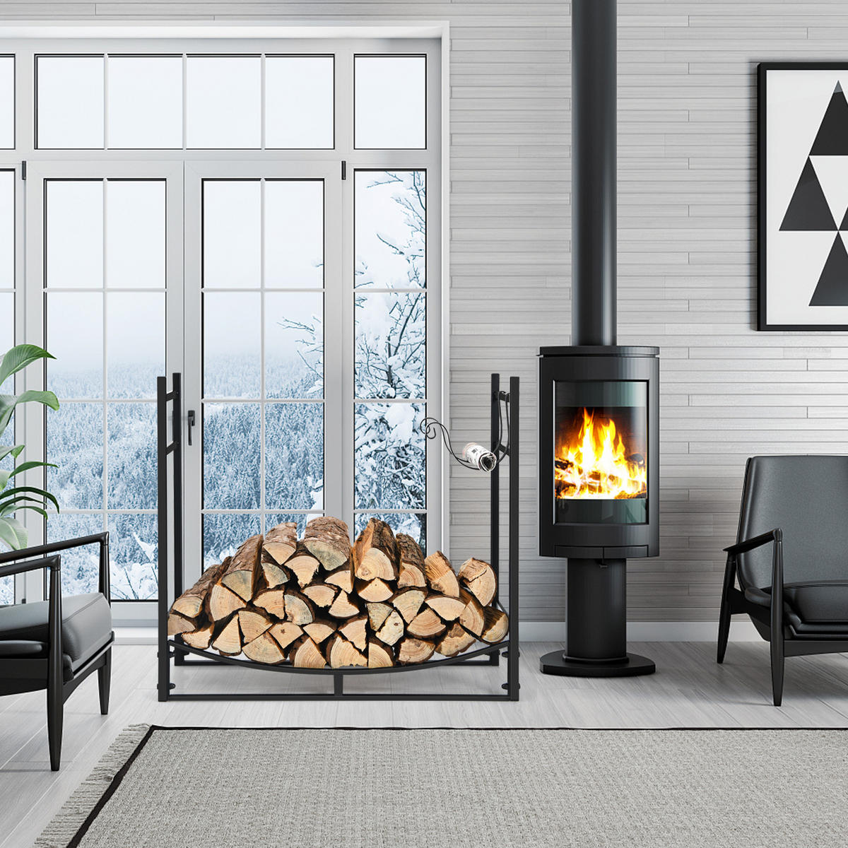 KAMINHOLZREGAL Schwarz - Schwarz, Metall (33/76/84cm) - COSTWAY