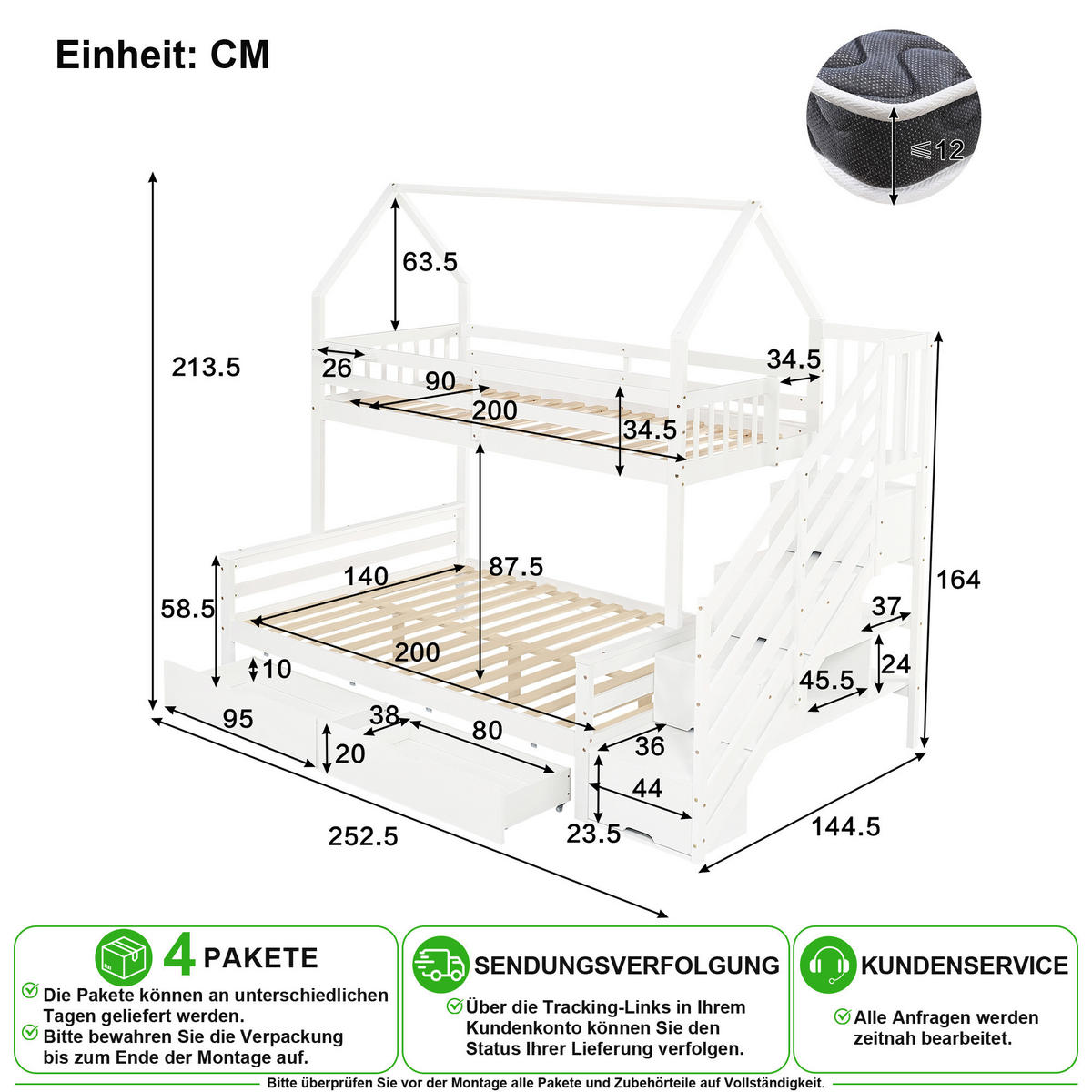 ETAGENBETT 90/200 cm & 140/200 cm in Weiß mit 2 Schubladen, Treppenschrank und Dachdesign - Weiß, Holz/Holzwerkstoff (140/200cm) - CHICFURN