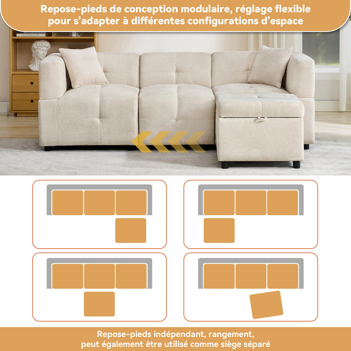 ECKSOFA 3-Sitzer L-Form Stauraum Fußhocker Kissen - Beige, Holz (59.69/59.69cm) - FLIEKS