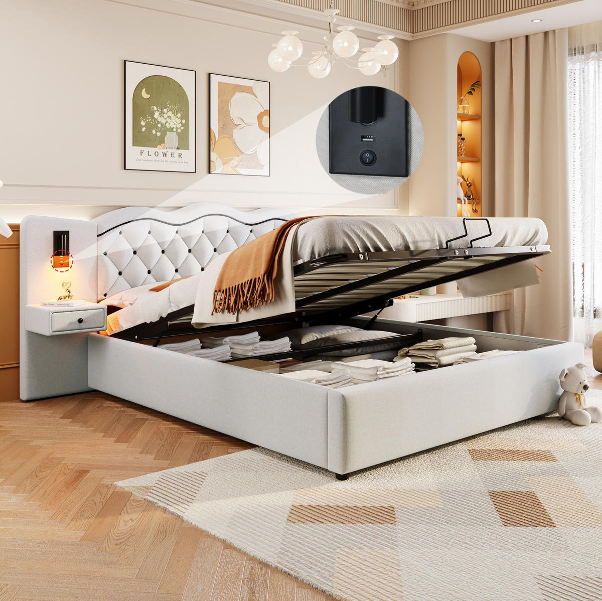 POLSTERBETT aus Leinenimitat 180x200 cm in Beige mit USB & Stauraum - Beige, Textil (180/200cm) - Modfu
