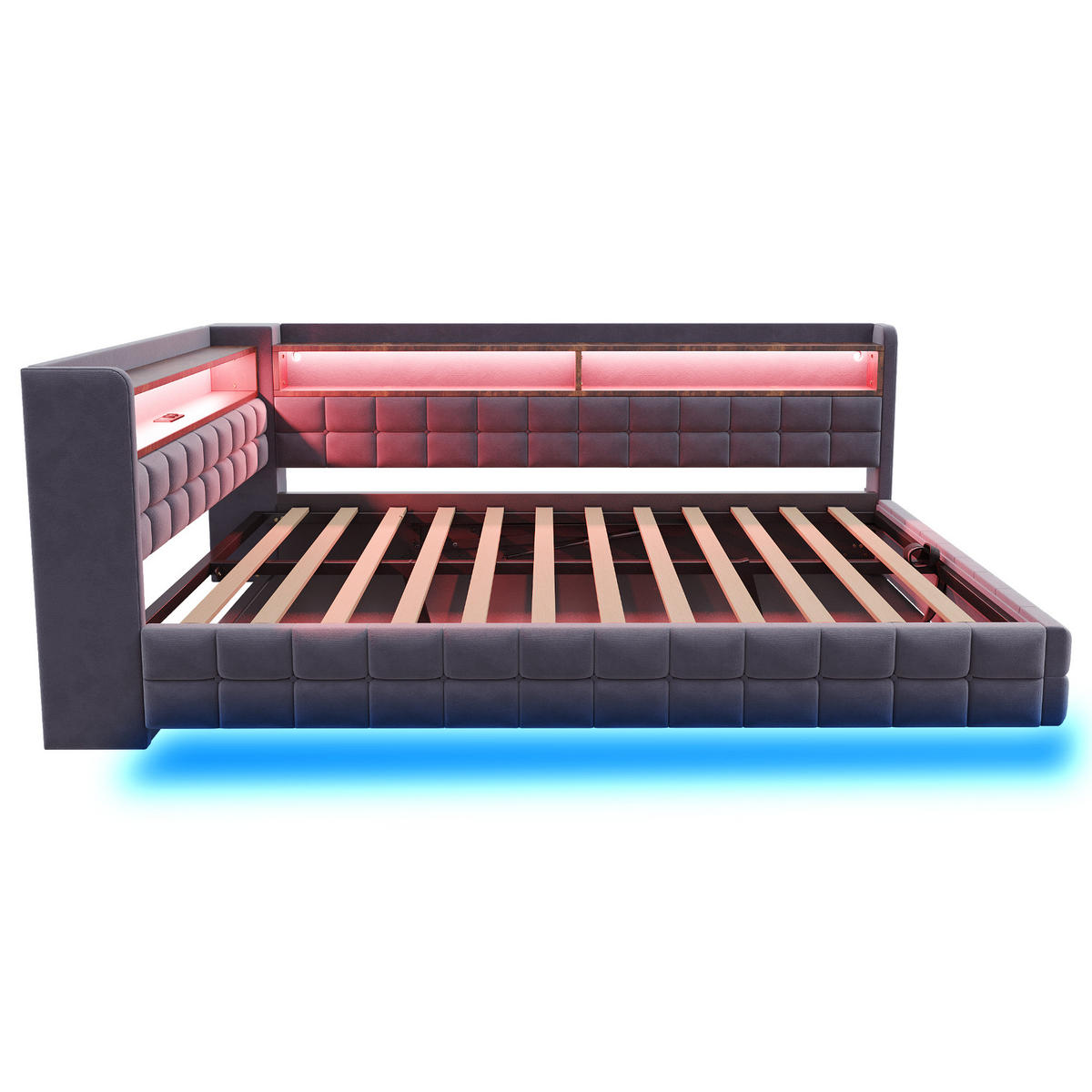 POLSTERBETT Dunkelgrau 140×200cm mit hydraulischem Stauraum, Holzregal, LED-Lichtleiste und Ladeanschlüssen - Dunkelgrau, Textil (140/200cm) - Luhomfu