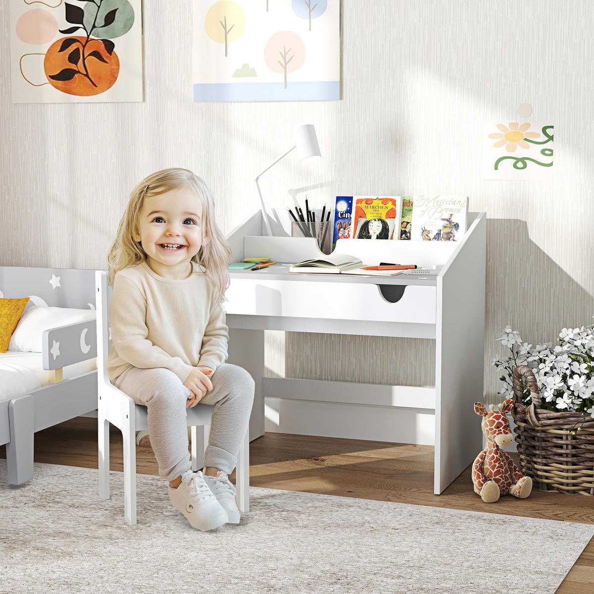 SCHREIBTISCH-SET DE-17524 mit Schublade und Sternenmotiv Grau - Grau, Holzwerkstoff (69/75/50cm) - ComfortXL