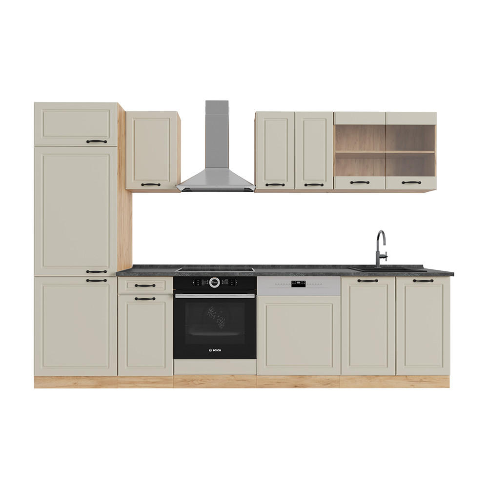 KÜCHENZEILE R-Line, Sand Landhaus/Goldkraft Eiche, 300 cm Arbeitsplatte Anthrazit - Honigeiche/Beige, Holzwerkstoff (300/206.8/60cm) - Vicco