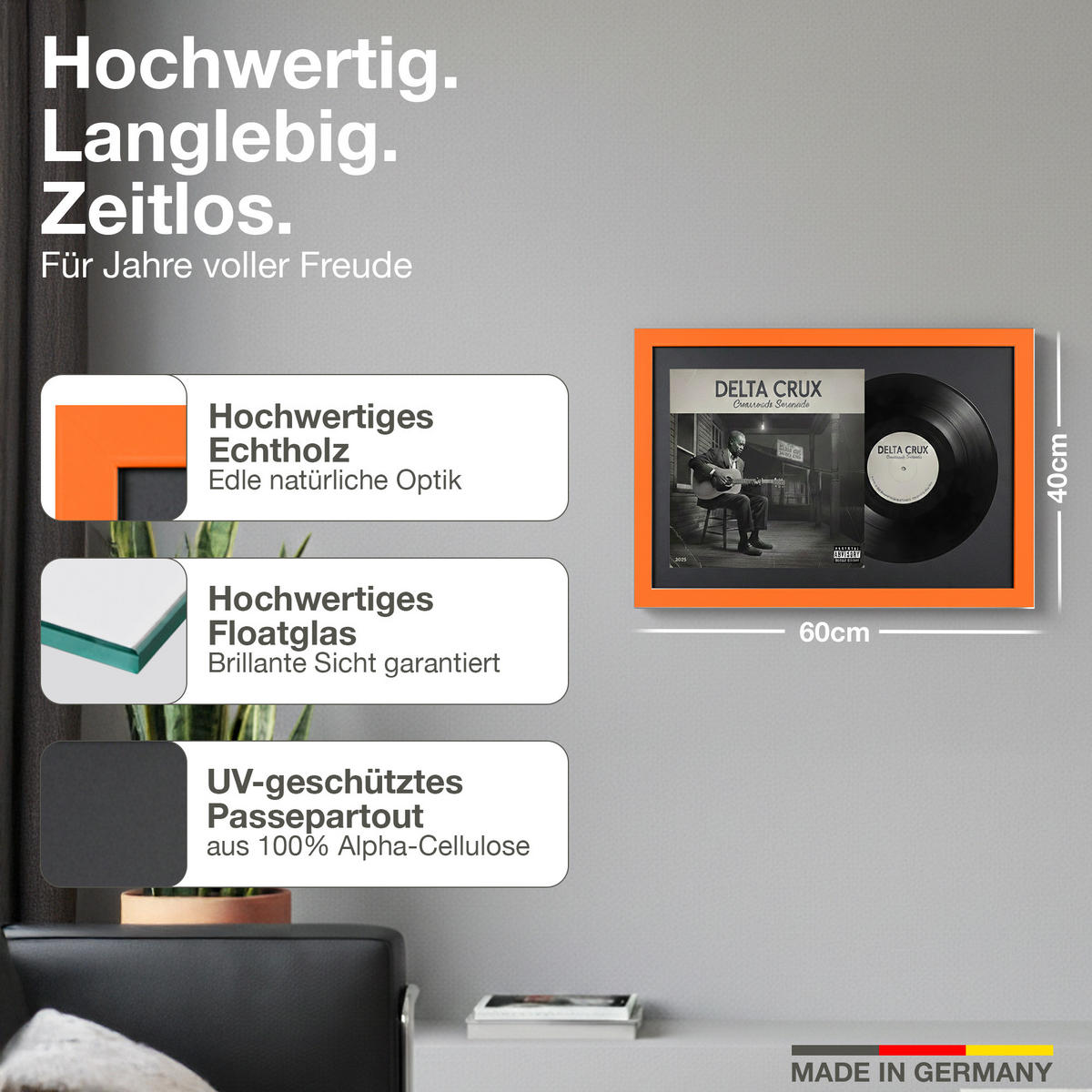 SCHALLPLATTEN RAHMEN 40/60 für Cover & Vinyl - Orange, Holz (60/40cm) - K-Möbel