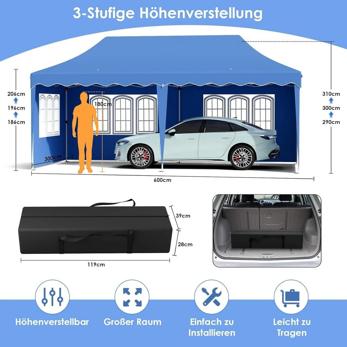 PAVILLON 3x6 m Dunkelgrau mit 6 Seitenteilen - Dunkelgrau, Textil/Metall (600/300cm) - Kaket