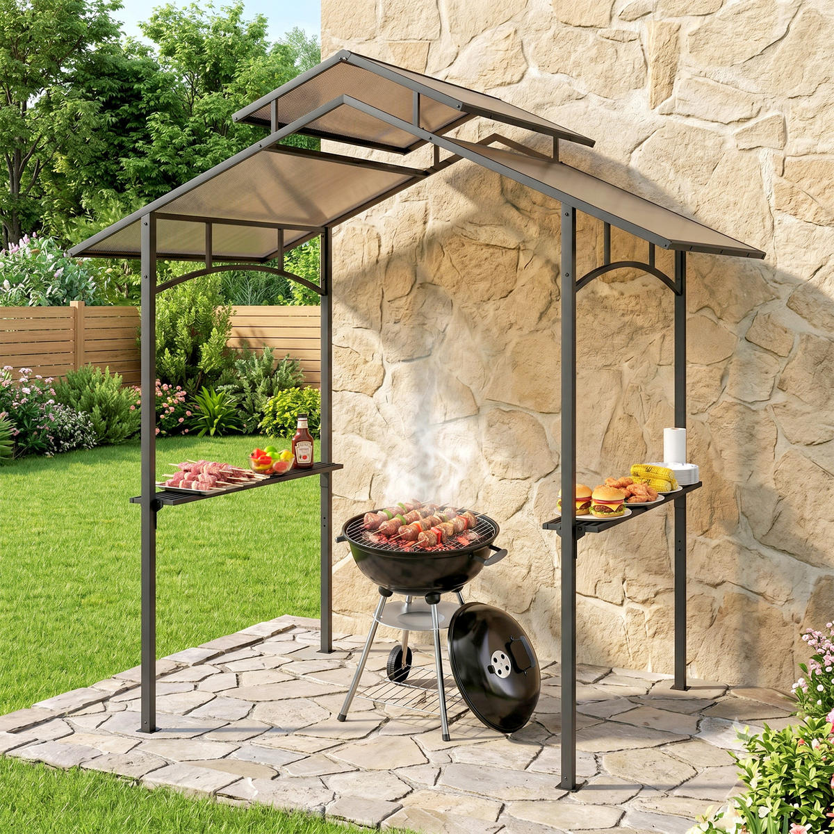 GRILOVACÍ PAVILON s protipožární střechou 2,5 x 1,5 m BBQ pavilon se 2 policemi ocel PC - černá, kov (150/250/240cm) - Outsunny