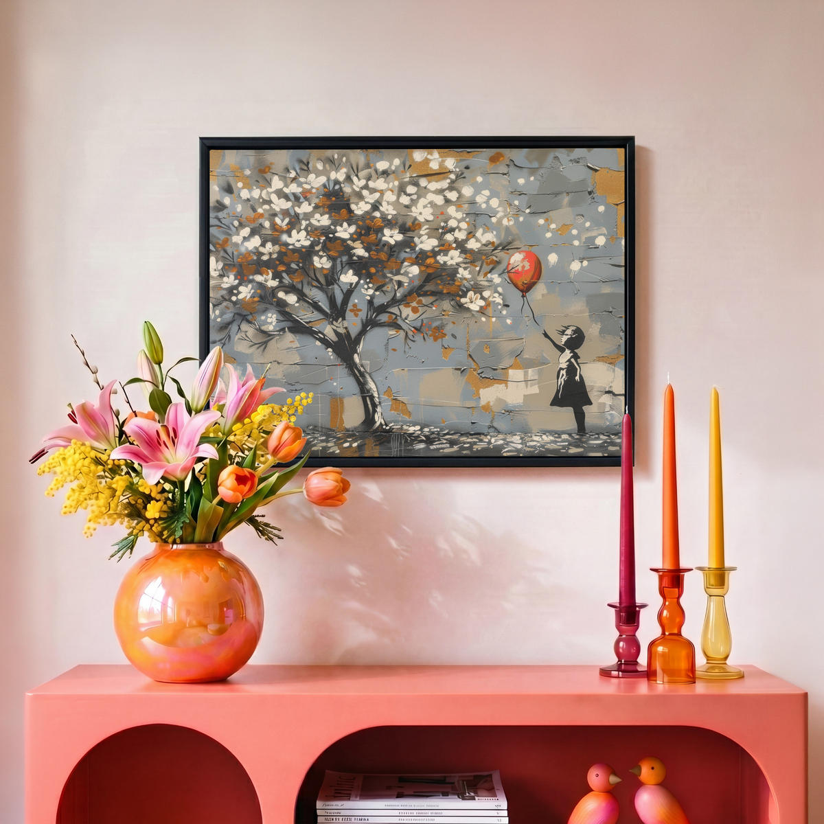 LEINWAND Bilder mit Rahmen - Baum - Graffiti - Banksy-Stil - Ballon-Mädchen - 40x30 - Blaugrau, Textil (40/30cm) - MuchoWow