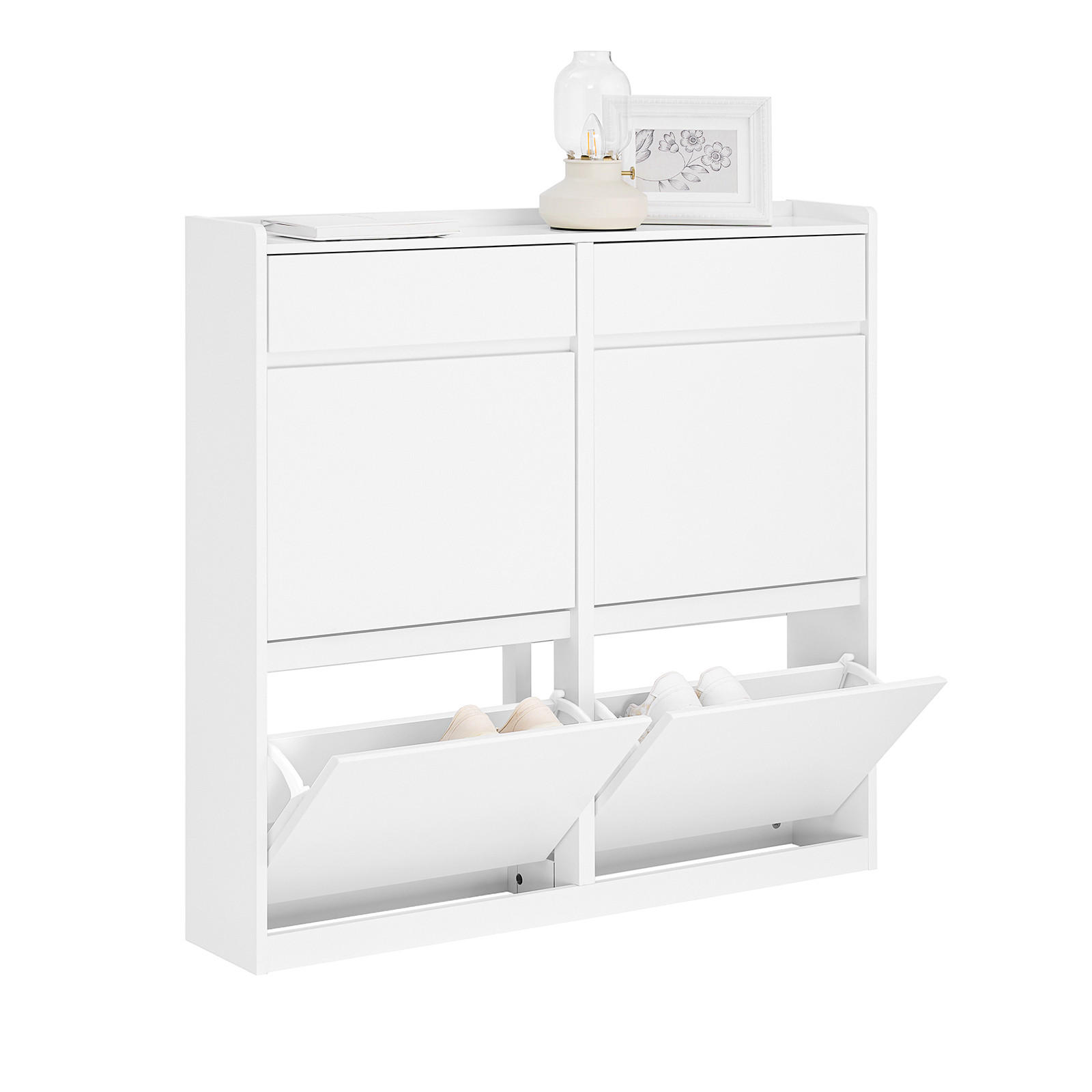 SCHUHKIPPER mit 4 Klappen, Schuhschrank schmal, 98x95x19cm Weiß - Weiß, Holz (98/95/19cm) - SoBuy