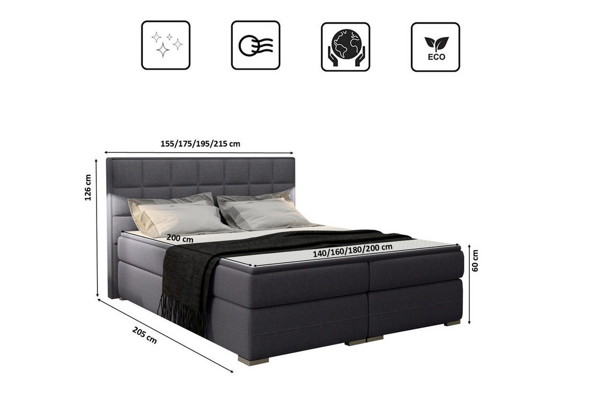 BOXBETT DAMALO, Stoff Sawana 180x200 cm Graphit - Anthrazit, Holz (200/200cm) - Kaiser Möbel