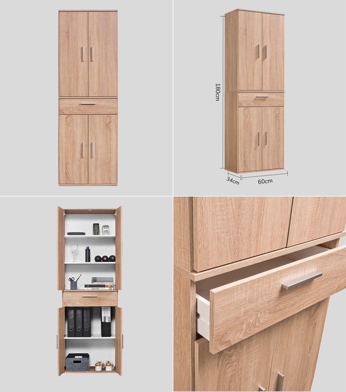 MEHRZWECKSCHRANK SET Der Allzweckwaffe - Silberfarben/Sonoma Eiche, Holzwerkstoff (60/180/34cm) - Mokebo