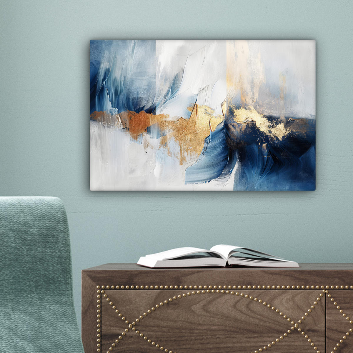 LEINWANDBILD Gold - Blau - Aquarell - Kunst - Modern 30x20 cm - Hellblau, Textil (30/20cm) - MuchoWow