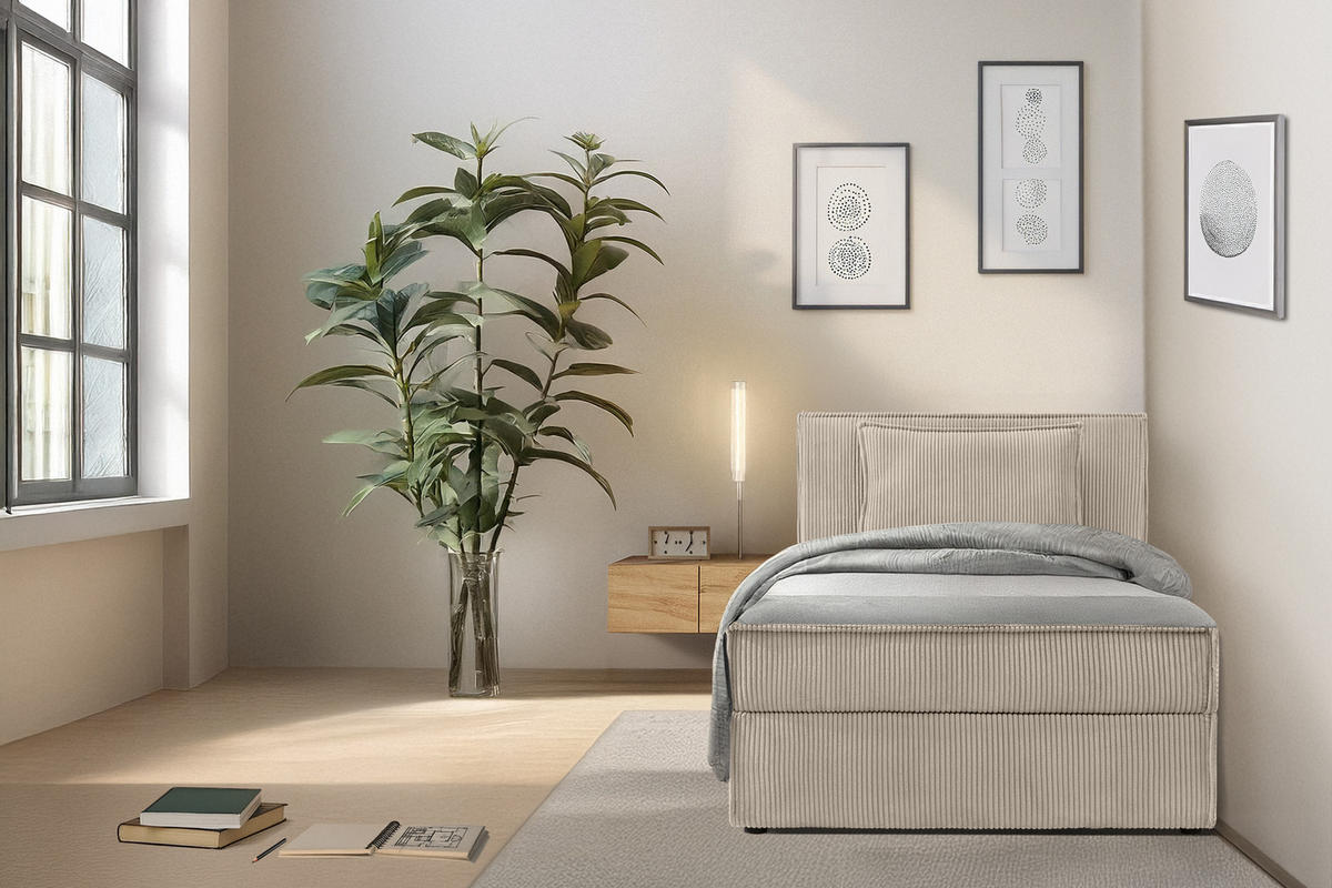 BOXSPRINGBETT ROTI Einzelbett, beige - Beige/Schwarz, Holz/Holzwerkstoff (100/200cm) - KONSIMO®