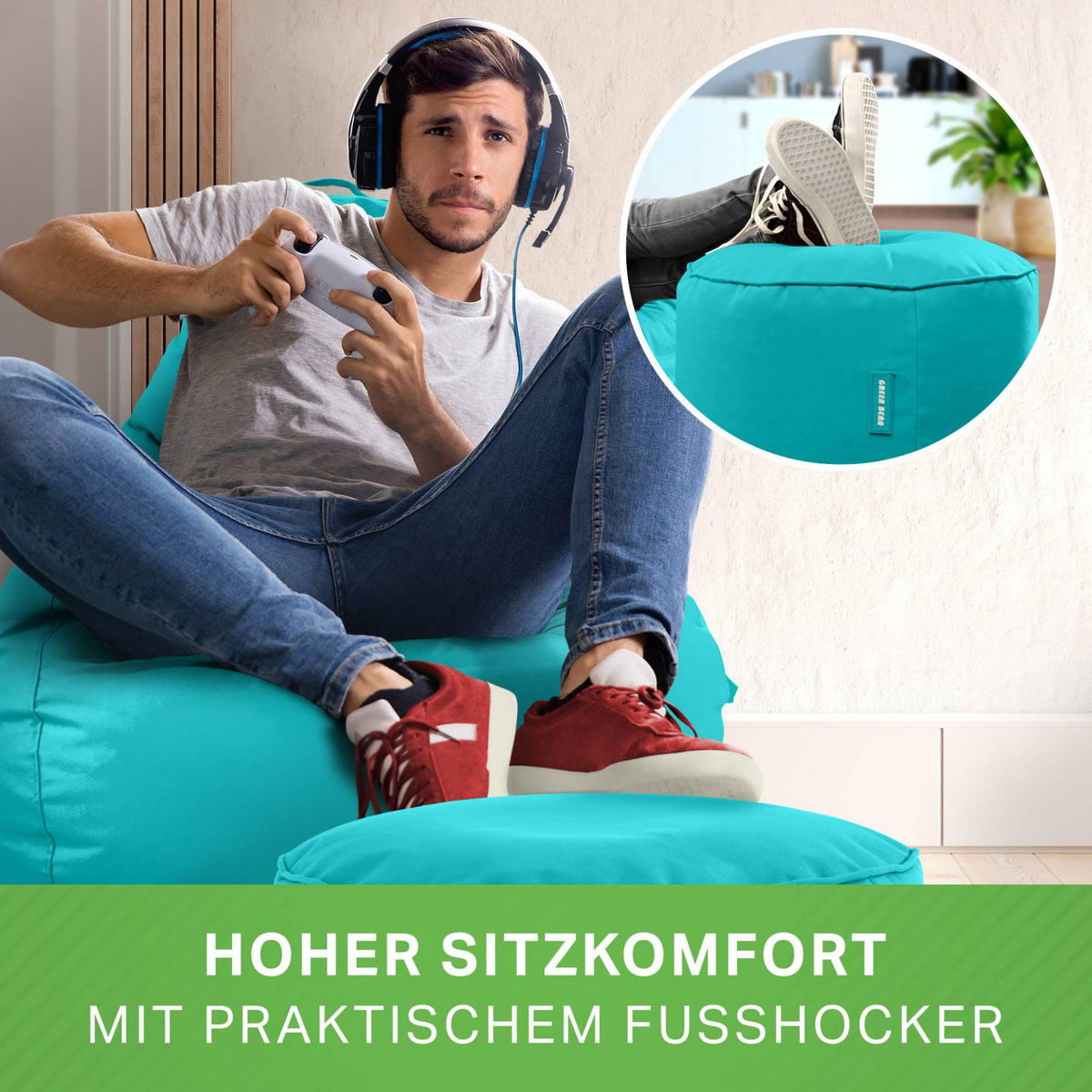 SITZSACK + Hocker "Cozy+Stay" 2er Set - Türkis, Textil (70/90/80cm) - Green Bean