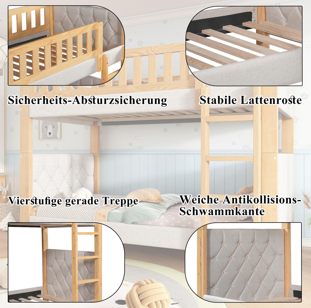 ETAGENBETT 90/200 cm in Grau/Natur mit Treppe und weichen Schutzkanten - Grau, Holz - BEAOK