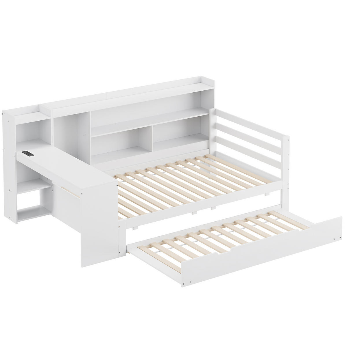 MULTIFUNKTIONSBETT 90/200 cm mit Ausziehbett, Schreibtisch, Regalen und Steckdose, Weiß - Weiß, Holzwerkstoff (90/200cm) - Redom
