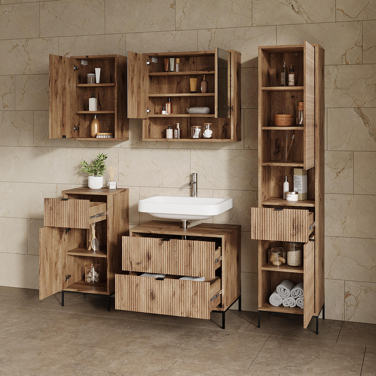 WASCHBECKENUNTERSCHRANK Aterno Viking Oak 70 x 63 cm mit 2 ausziehbaren Schubladen - Eichefarben, Holzwerkstoff (70/63/45.1cm) - Livinity®