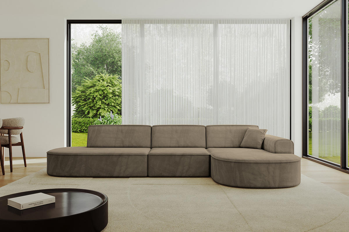 ECKSOFA Ottomane Rechts MARI-L2 - 328x171x79 cm Dunkelbraun Velours - Dunkelbraun/Schwarz, Holzwerkstoff/Kunststoff (171/328cm) - ALTDECOR