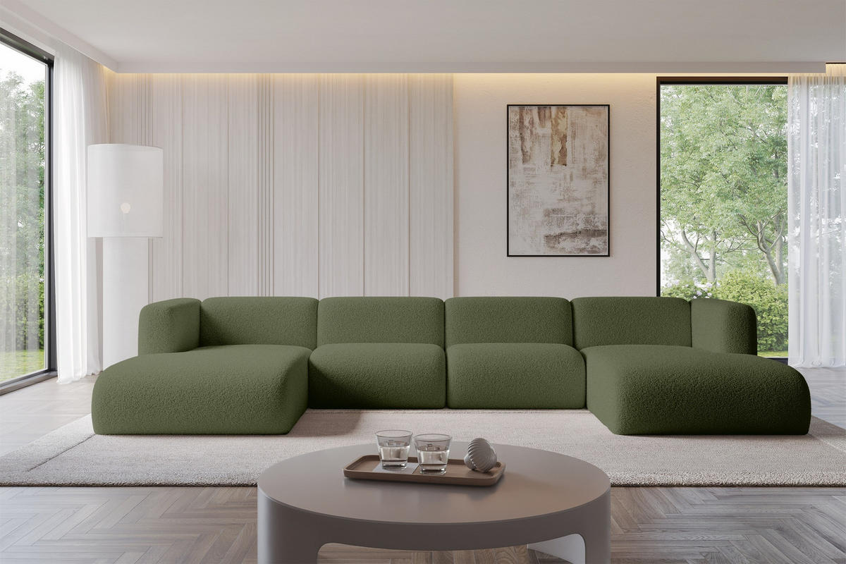 WOHNLANDSCHAFT MIRA-U2 408x179x70 Grün Bouclé - Schwarz/Olivgrün, Holzwerkstoff/Kunststoff (408/70/179cm) - ALTDECOR