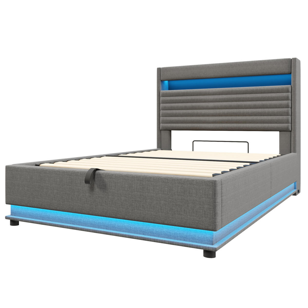 POLSTERBETT 140/200 cm Grau mit LED-Beleuchtung, USB- und Typ-C-Anschluss, hydraulischem Stauraum aus Leinen - Grau, Textil (140/200cm) - OKMYHOME