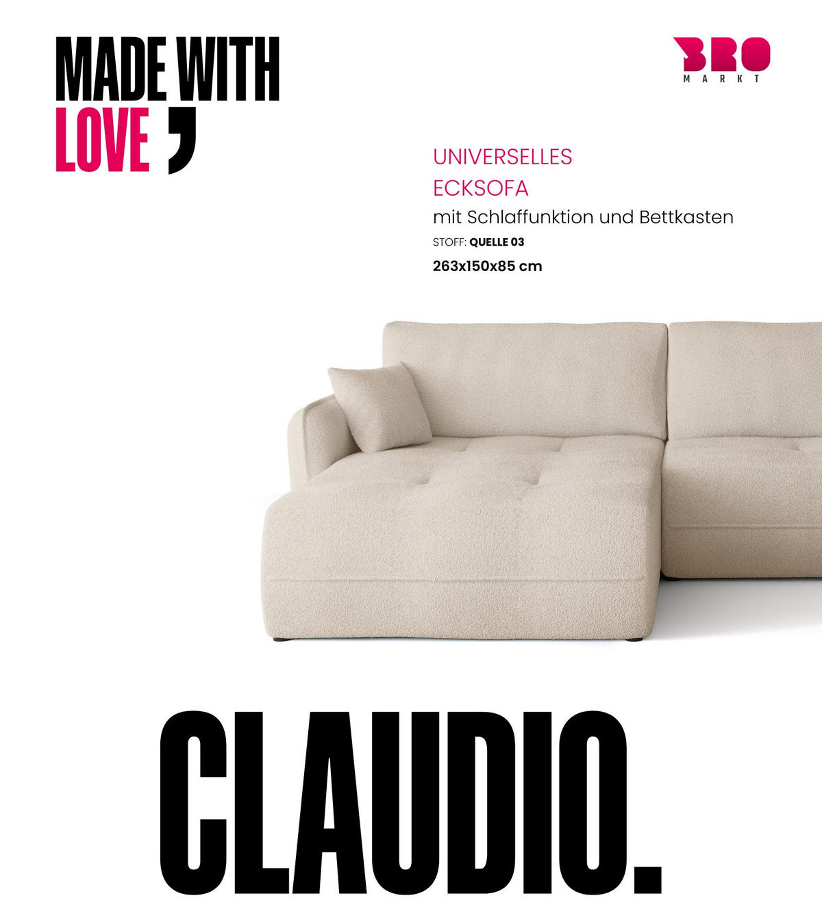 ECKSOFA CLAUDIO mit Schlaffunktion Ecru - Ecru, Textil (263/150cm) - Bromarkt