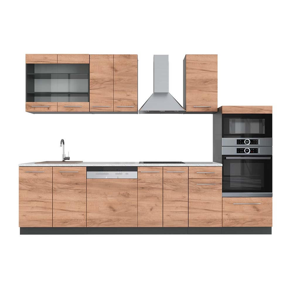 KÜCHENZEILE Fame-Line Goldkraft Eiche/Anthrazit 300 cm mit Hochschrank, AP Marmor - Honigeiche/Anthrazit, Holzwerkstoff (300/81.6/60cm) - Vicco