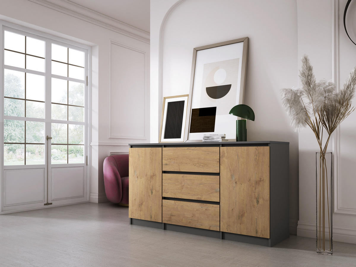 KOMMODE : 3 Schubladen und 2 Türen, Farbe: Anthrazit / Lancelot-Eiche, 140 x 79 x 39 cm - Eichefarben/Grau, Holzwerkstoff (138/78/39cm) - 3XE LIVING