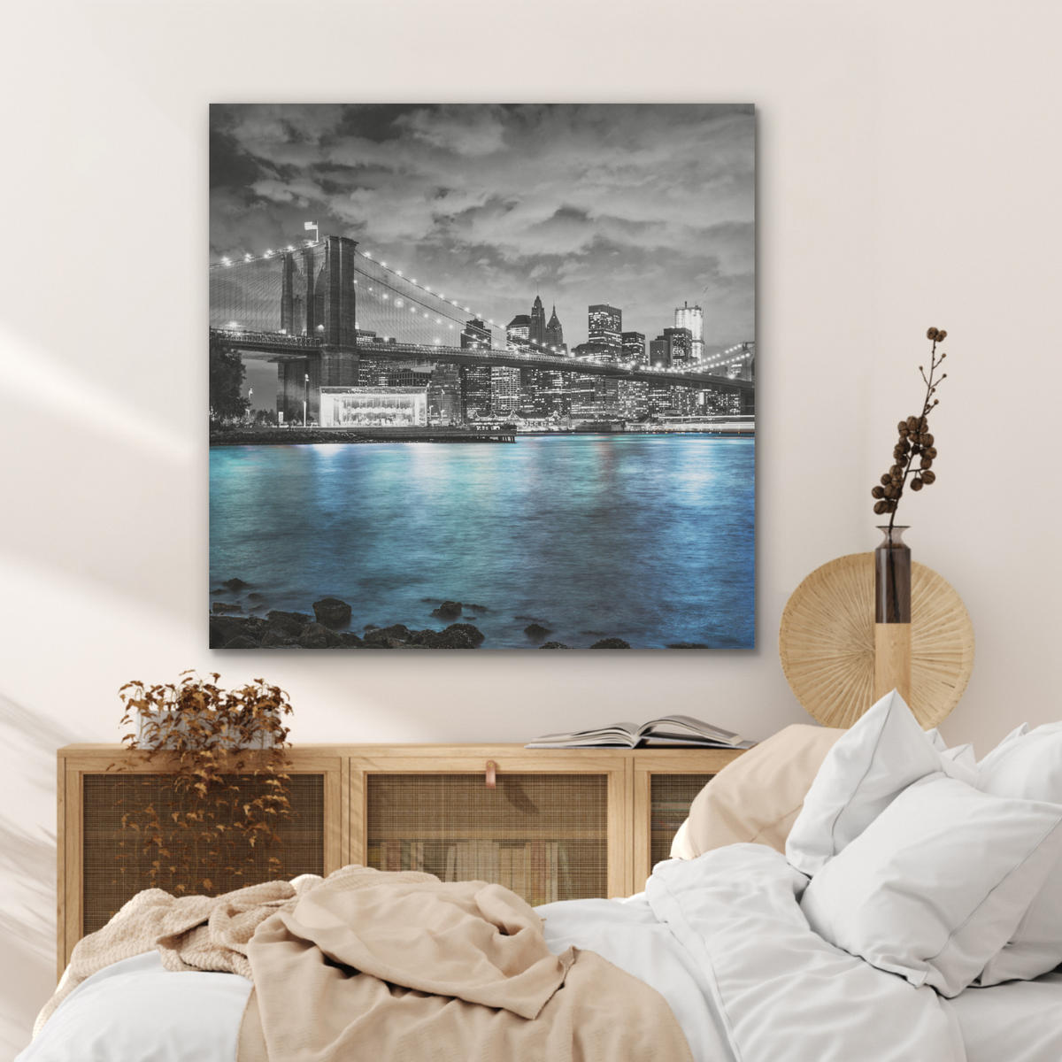 AKUSTIKPANEEL New York - Skyline - Stadt - Blau 90x90 cm - Blaugrau, Textil (90/0.9/90cm) - MuchoWow
