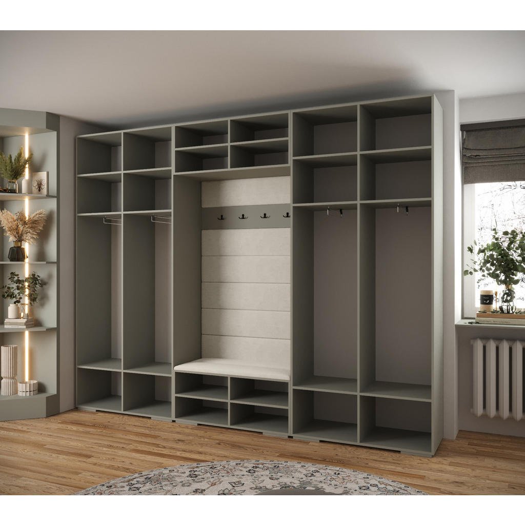 Thumbnail - Abiks Möbel Garderoben-Set, Kaschmir, Braun, Schwarz, Kunststoff, Nachbildung, 2-Sitzer, 18 Fächer, 300x236.7x47 cm, Gar...