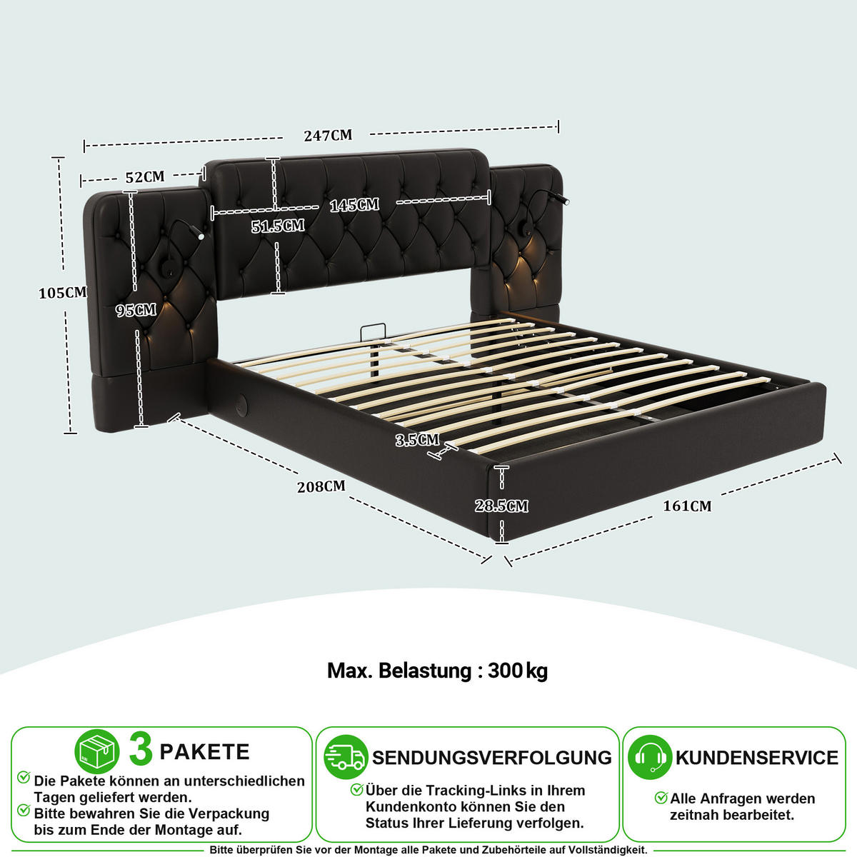 POLSTERBETT 160/200 cm in Schwarz mit Bettkasten, USB und Leselampen - Schwarz, Holzwerkstoff/Textil (160/200cm) - CHICFURN
