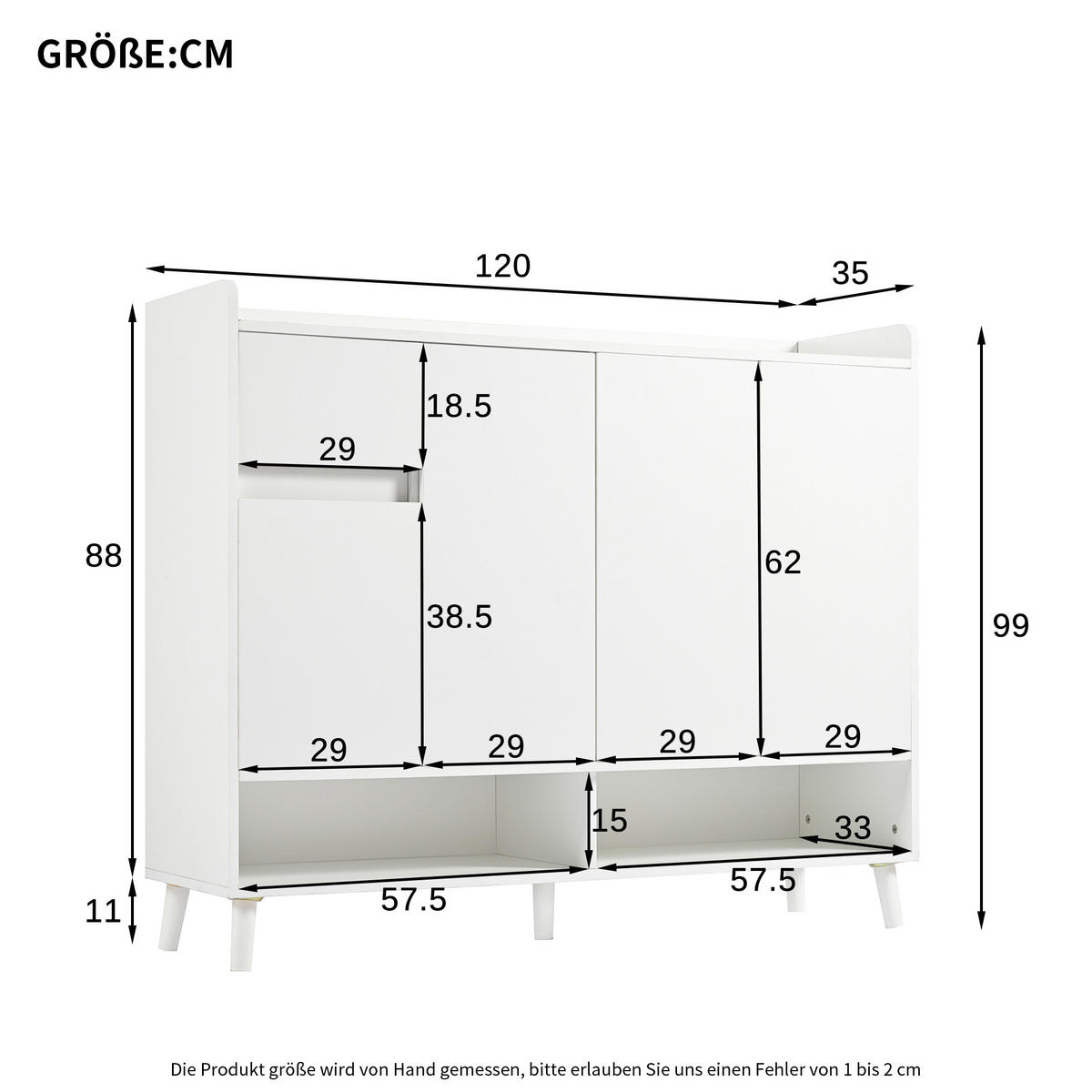 SIDEBOARD in Weiß Schuhschrank mit 4 Türen und 1 Schubladen für Esszimmer, Wohnzimmer oder Küche, B120/T35/H99cm - Weiß, Holzwerkstoff/Metall (120/99/35cm) - STILVORA