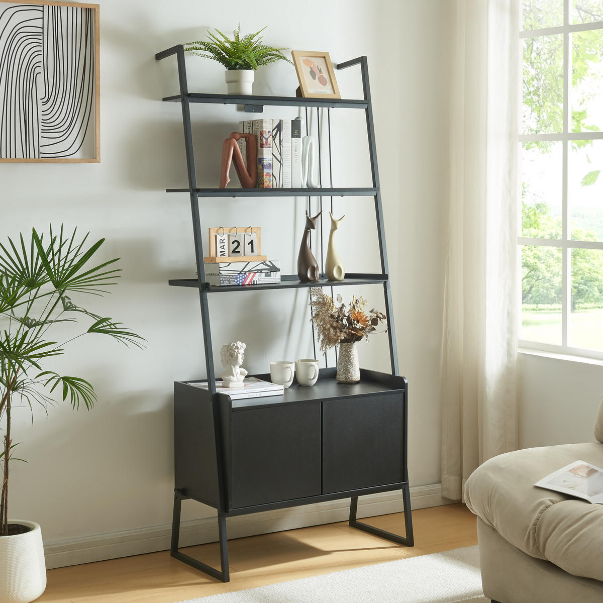 LEITERREGAL Storfjord - Schwarz, Holzwerkstoff/Metall (80/183.5/40cm) - [en.casa]