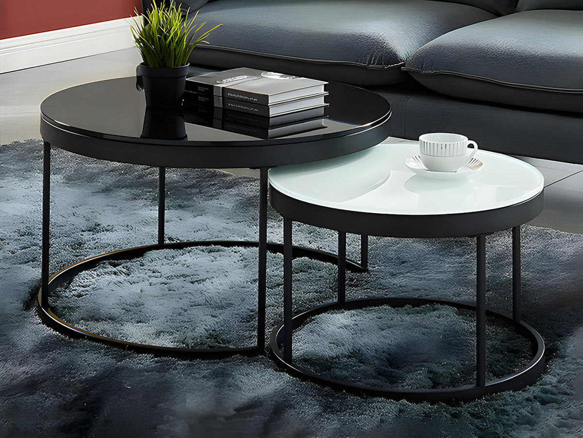 COUCHTISCH 2er-Set - Glass & Metall - Schwarz & Weiß - BILLIE - Schwarz, Metall (70/70/42cm) - Vente-Unique