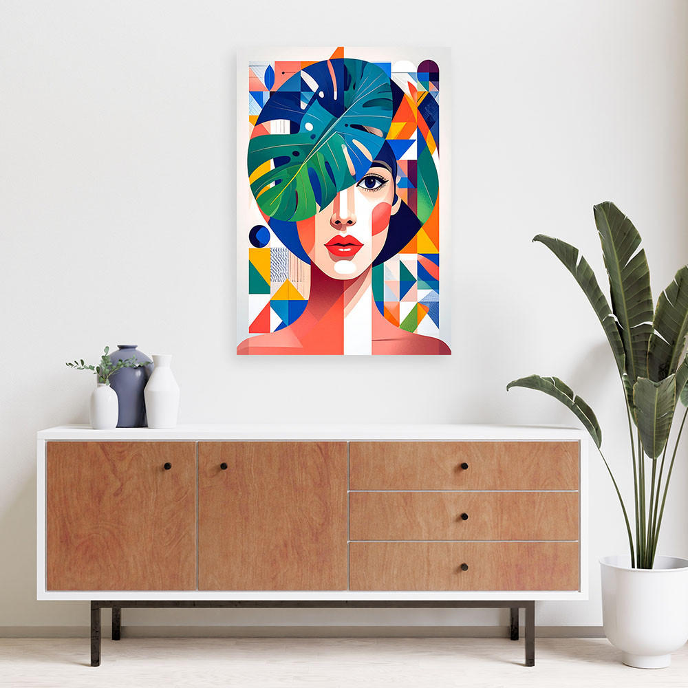 LEINWANDBILD Frau mit Monstera-Blättern im Bauhaus-Stil 80x120cm - Multicolor, Textil (80/120cm) - Feeby