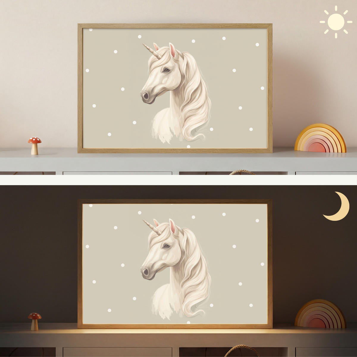 NÁSTĚNNÁ LAMPA S AKUMULÁTOREM Jednorožec - bílý - tečky 60x40 cm - šedohnědá, kompozitní dřevo (60/40/8cm) - OnlyWow