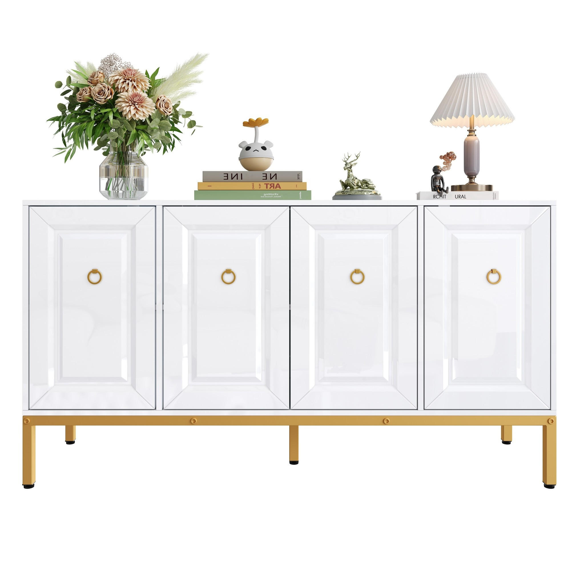 SIDEBOARD 140/40/80 cm in Weiß Hochglanz mit 4 Türen & goldfarbenen Metallbeinen - Weiß, Holzwerkstoff (140/80/40cm) - BEAOK