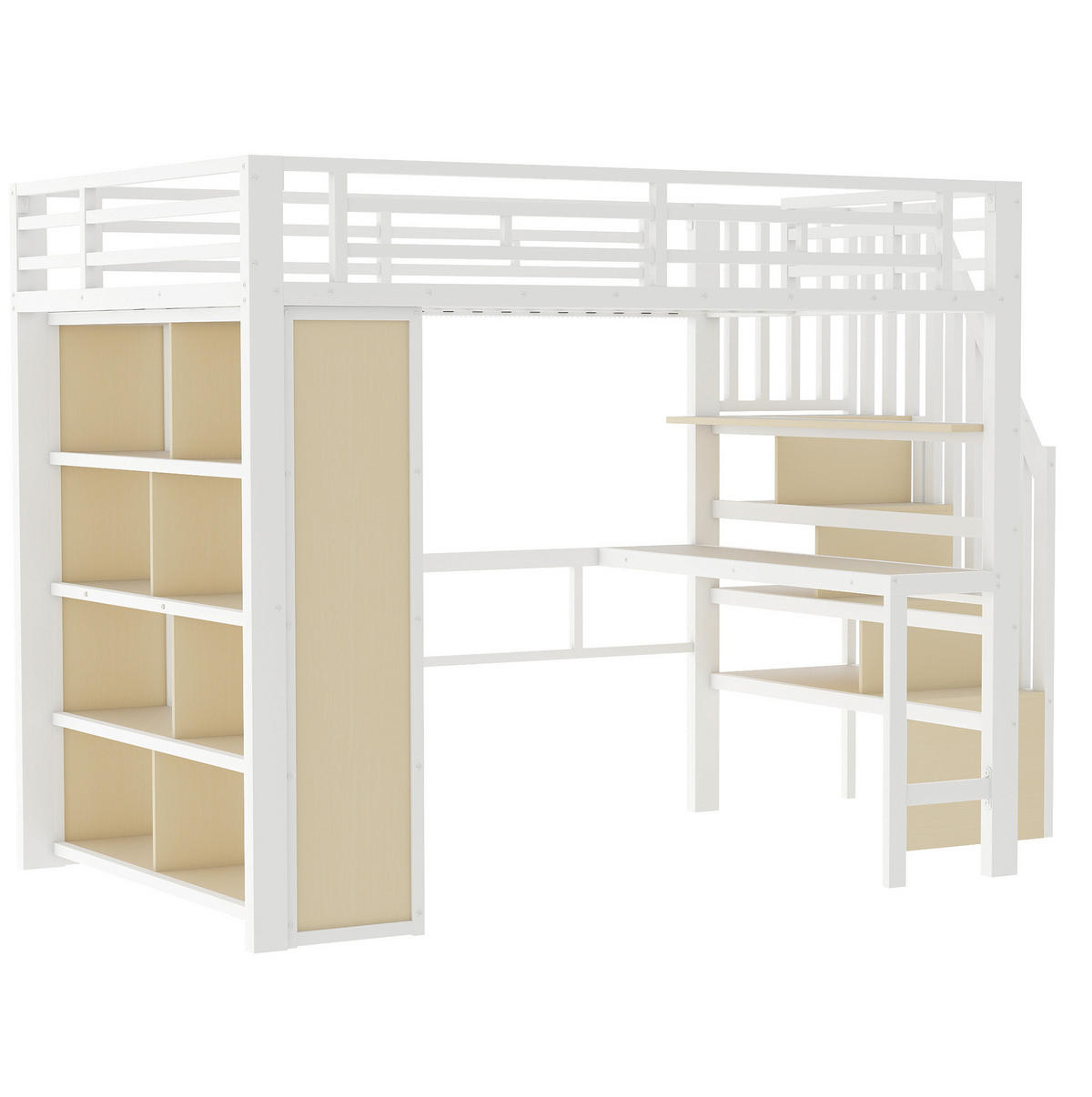 HOCHBETT 140/200 cm in Weiß mit Schreibtisch, Stauraumtreppe und LED-Beleuchtung - Weiß, Metall (140/200cm) - Flora Grace