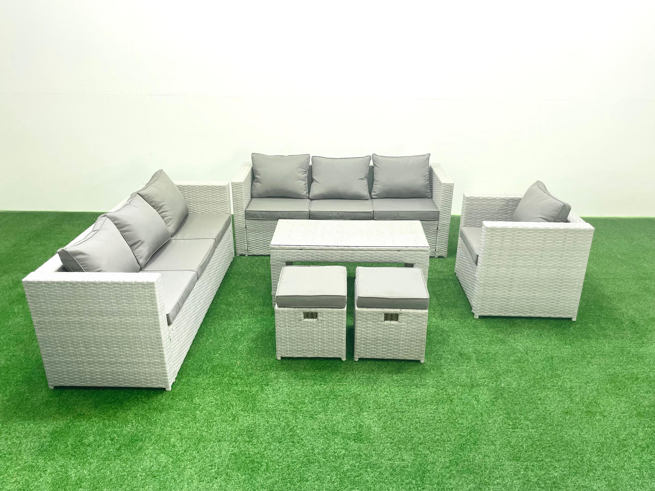 GARTENSOFA hohe Rückenlehne Polyrattan Hellgrau-Mix 9-Sitzer - Hellgrau/Grau, Glas/Kunststoff - Fimous