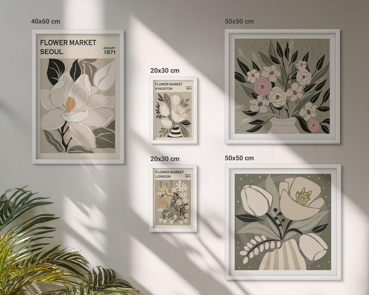 WANDBILDER 5er-Set - 50x50 cm & 20x30 cm & 40x60 cm Weißer Rahmen - Retro-Blumen aus Städten rund um die Welt - Weiß, Kunststoff (40/60cm) - ArtPrintCave