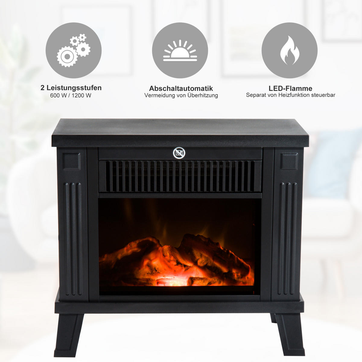 ELEKTROKAMIN mit Flammeneffekt, 600/1200W, Metall, Schwarz, 34 x 17 x31 cm - Schwarz, Metall (14/31/34cm) - HOMCOM