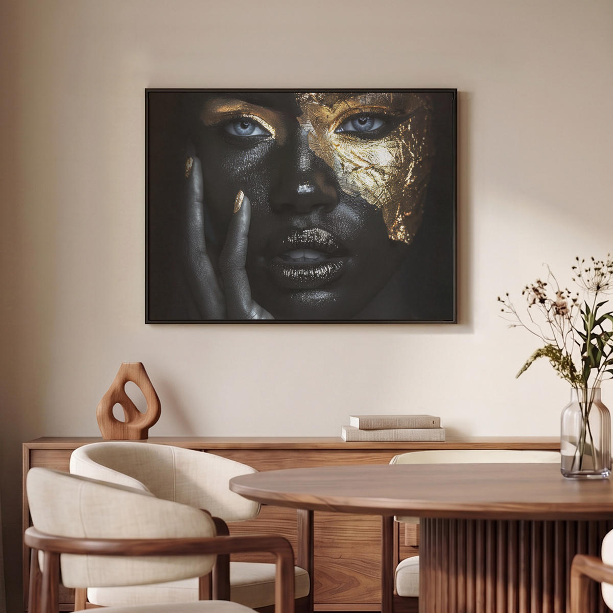 LEINWAND Bilder mit Rahmen - Frau - Gold - Porträt - Schwarz-Weiß - Luxus - 70x50 - Hellblau, Textil (70/50cm) - MuchoWow