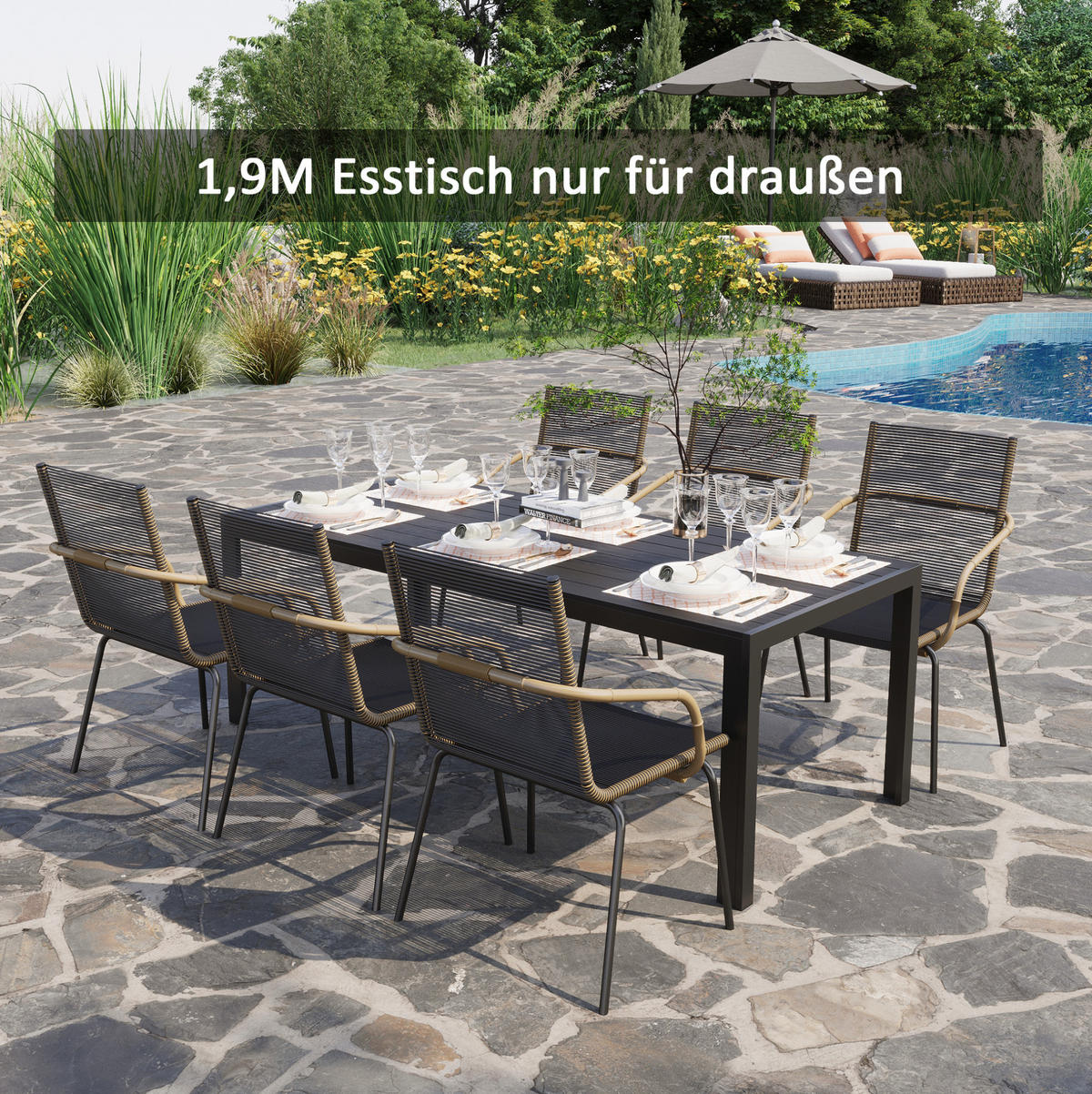 GARTENTISCH aus Aluminium 190 x 84,5 x 72 cm Schwarz wetterbeständig - Schwarz, Metall (190/84.5/72cm) - Modfu