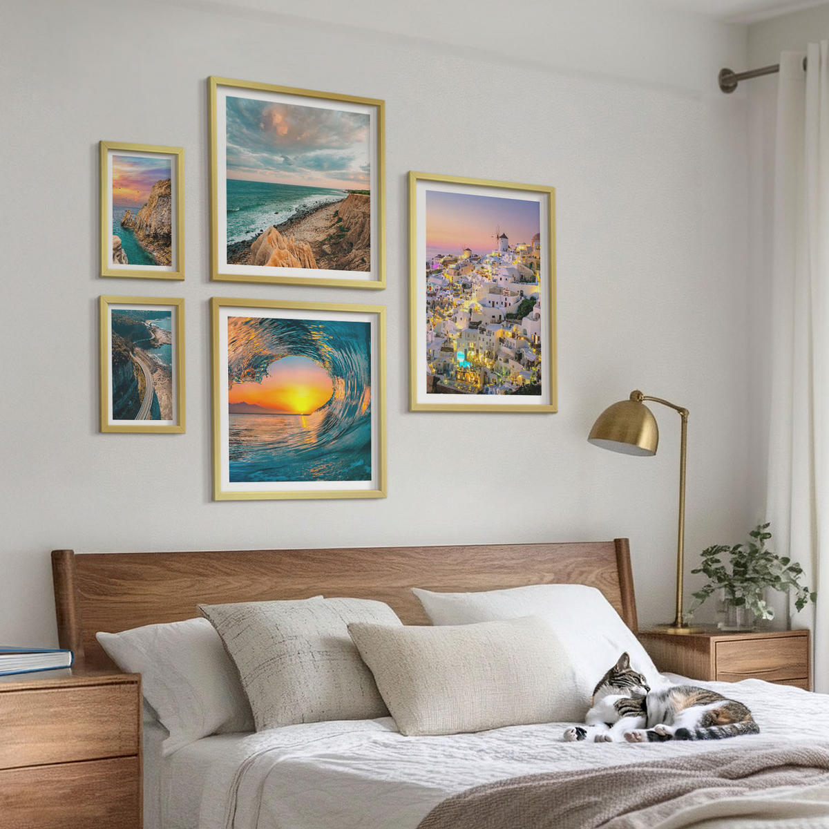 WANDBILDER 5er Set - 50x50 cm & 20x30 cm & 40x60 cm Goldrahmen - Meereswellen, weiße Häuser, Santorini - Goldfarben, Kunststoff (40/60cm) - ArtPrintCave