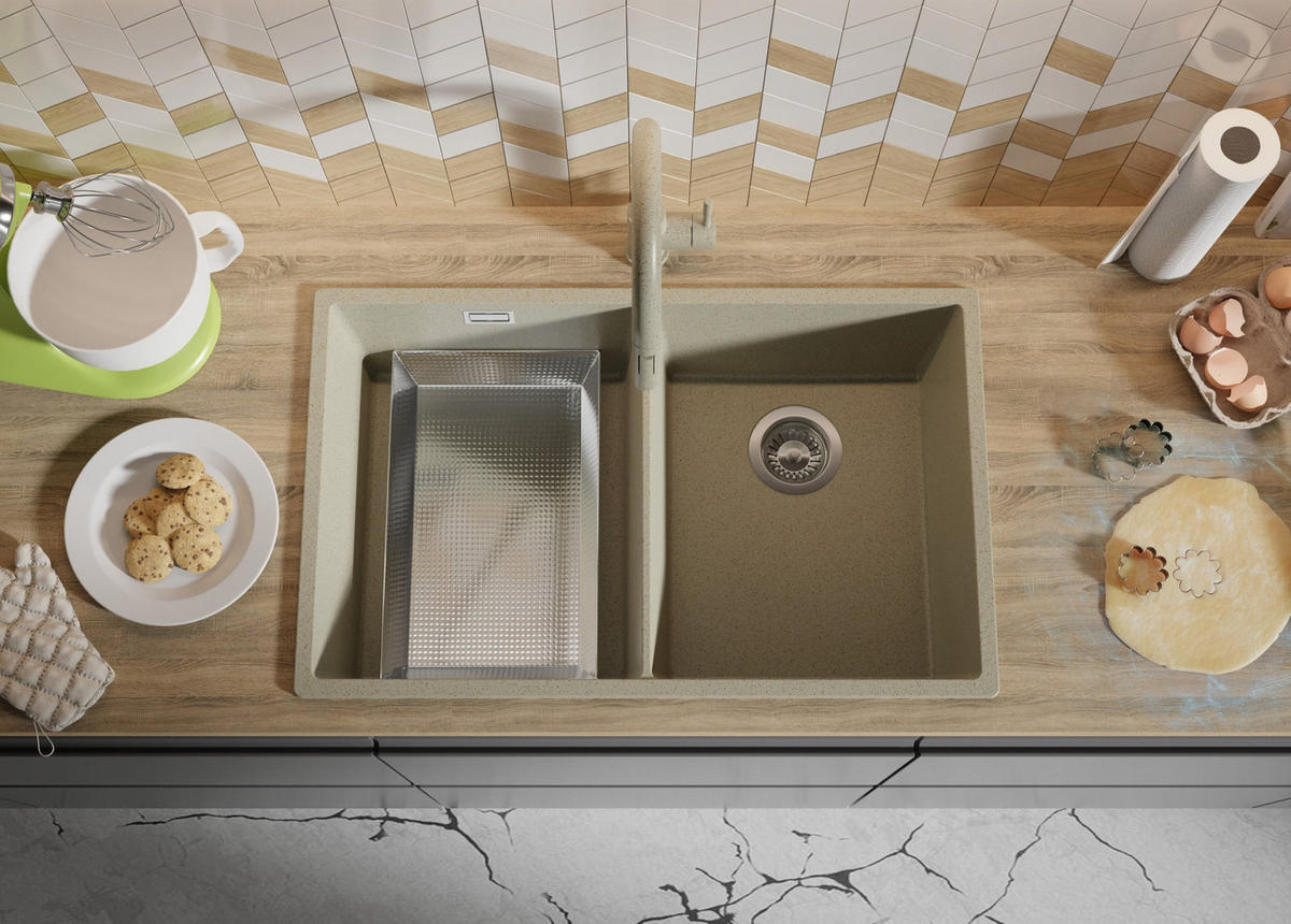 SPÜLBECKEN London Slim Twin, 2-er set Beige 76/47 cm 2 Becken + Ablauf-Set ab 80er Unterschrank - Chromfarben/Beige, Kunststoff (76/20/47cm) - Primagran