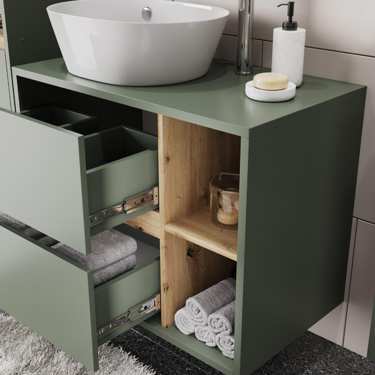 WASCHBECKENUNTERSCHRANK Viola Grün/Artisan 80 x 60 cm mit 2 Schubladen - Eiche Artisan/Grün, Holzwerkstoff (80/60/46cm) - Vicco